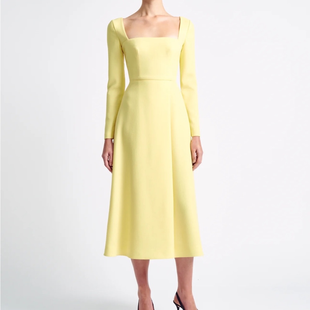 EMILIA WICKSTEAD Pleated Glenda Long Sleeve Crepe Midi Dress Lemon UK 6 / US 2